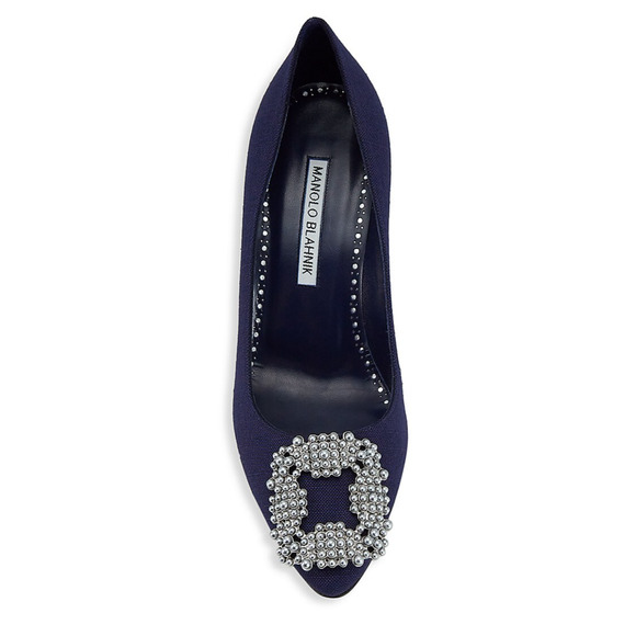 Manolo Blahnik Hangisi 70 Navy Blue Linen Pearl Jewel Buckle Low Heel Pump 39 - Picture 8 of 12